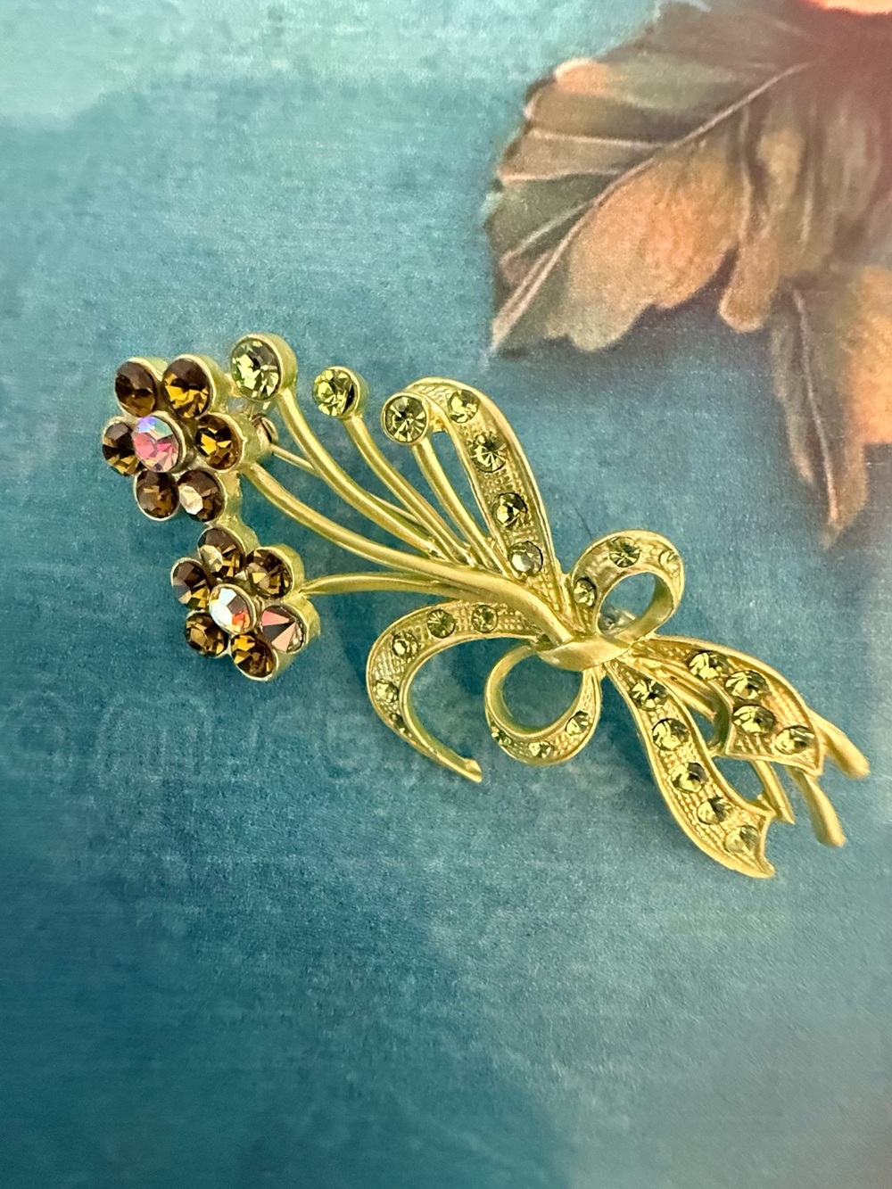 Gold Floral Bow Brooch with Amber Crystals